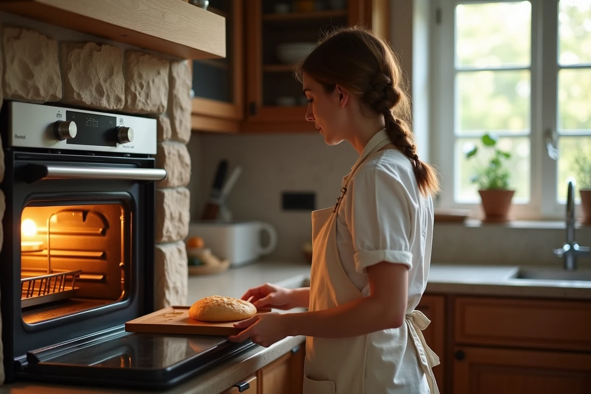 Jeune femme ouvrant un four &agrave; pain artisanal dans la cuisine