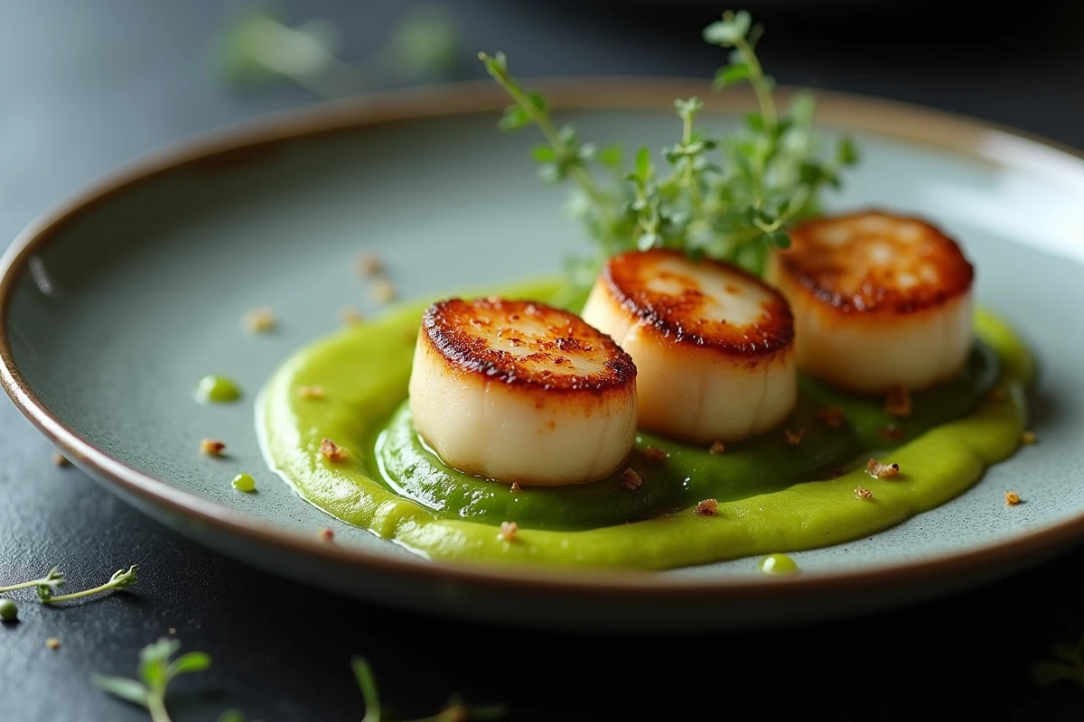 Présentation gastronomique de coquilles Saint-Jacques avec fondue de poireaux et purée de chou-fleur au safran dans un bol ardoise