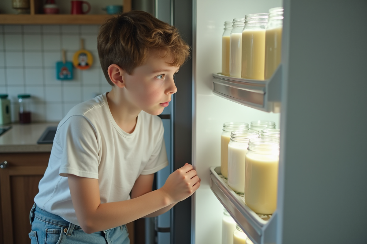 Adolescent observant des pots de yogourt fermenté dans le frigo