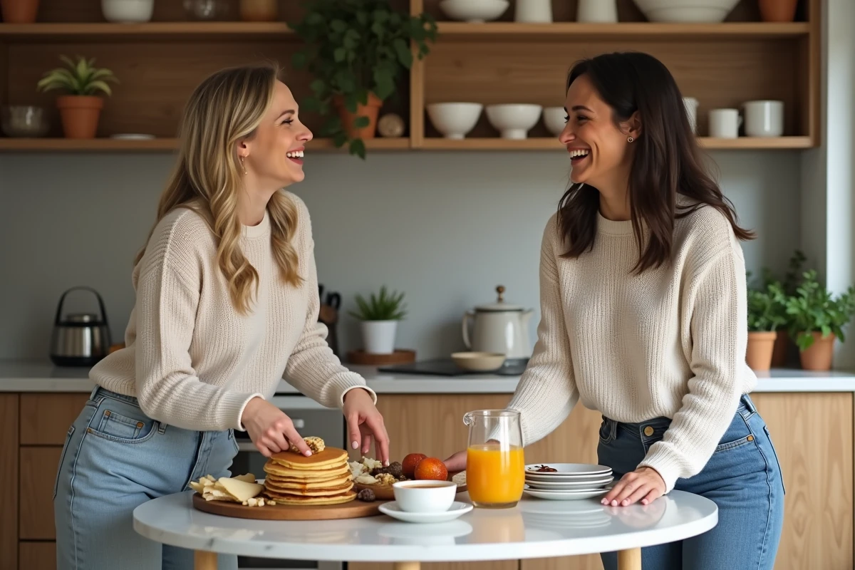 Deux amies partageant un brunch convivial autour d'un îlot en marbre avec pancakes, plateau de charcuterie et jus d'orange fait maison