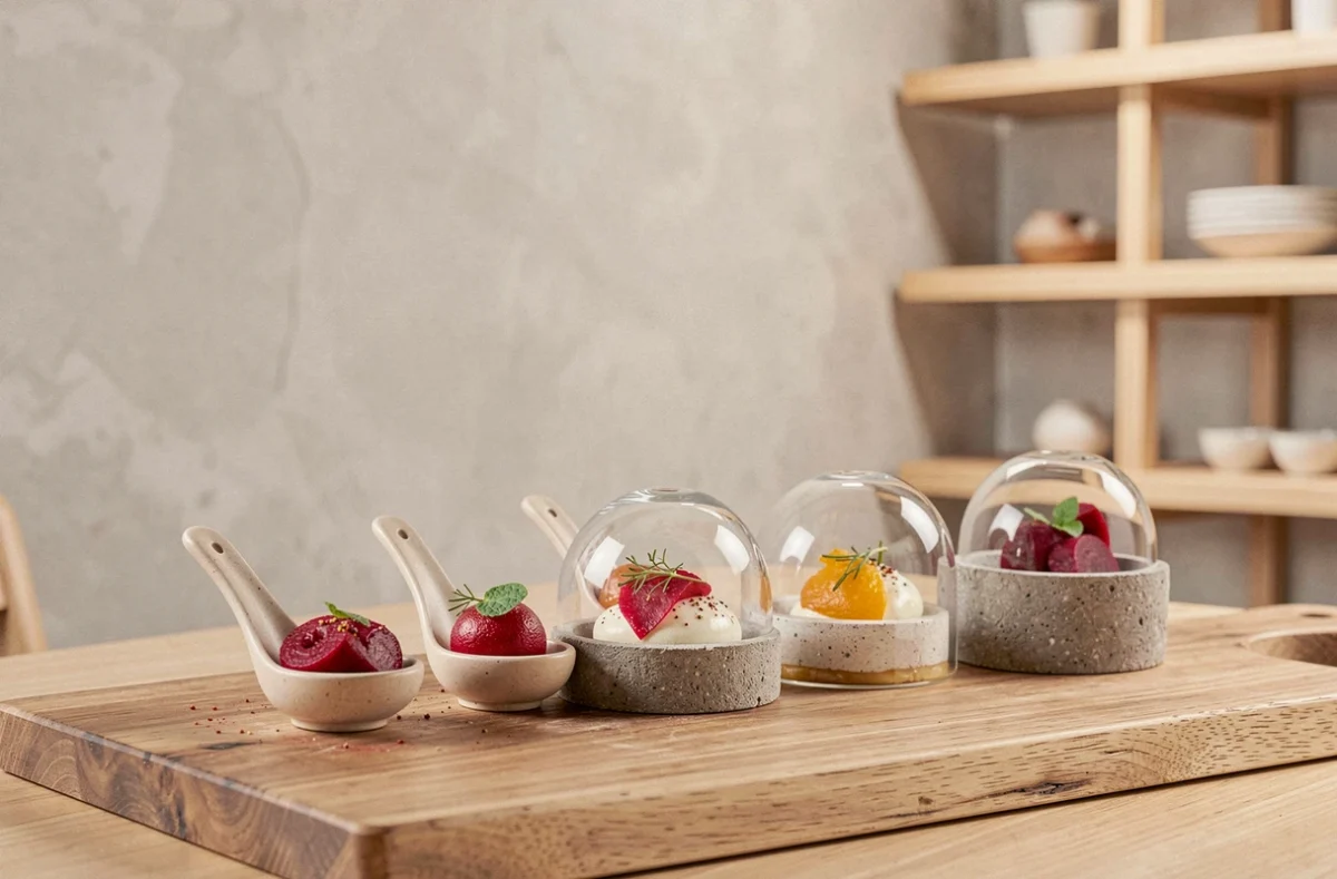 Sélection d'amuse-bouches du menu dégustation du restaurant Arbane à Reims présentés sur plateau en bois