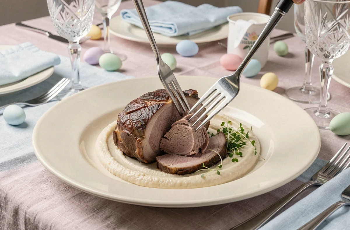 Portion d'épaule d'agneau effilochée servie sur assiette en céramique avec purée de haricots blancs et herbes fraîches pour un repas de Pâques