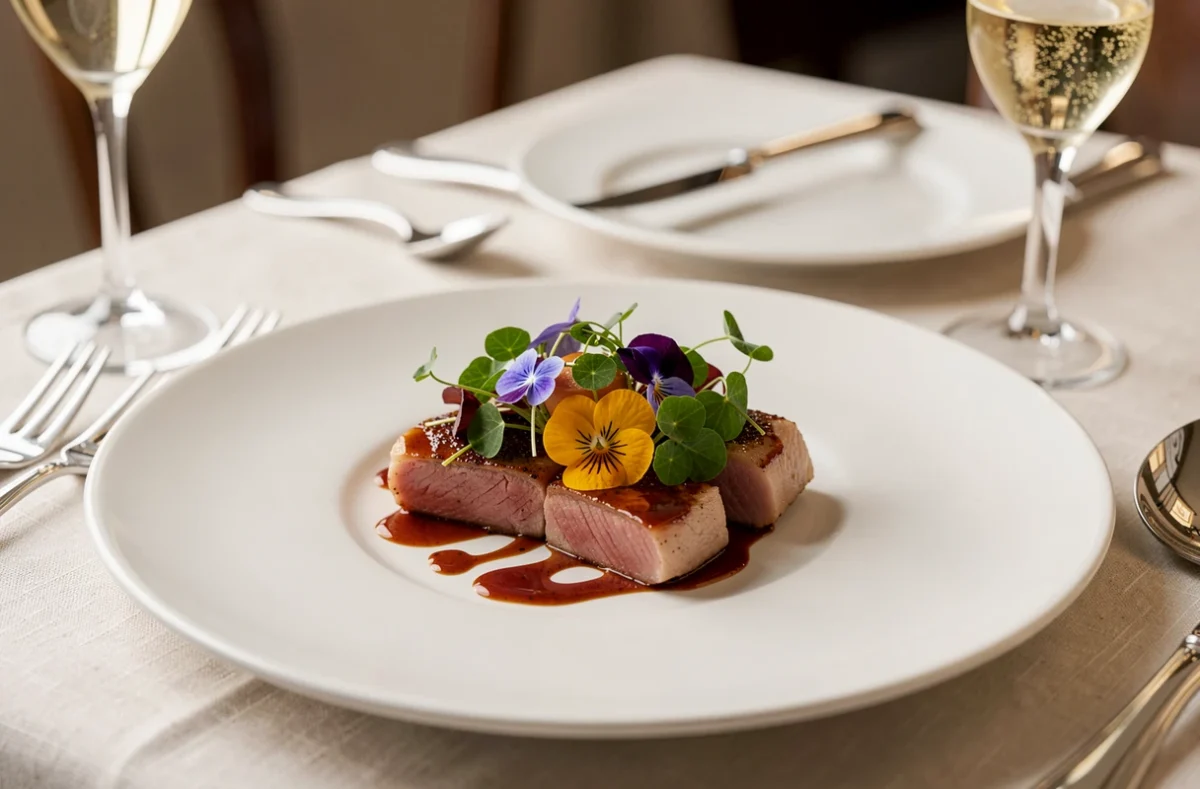 Assiette de haute cuisine gastronomique de L'Assiette Champenoise à Reims avec microherbes et sauce brillante