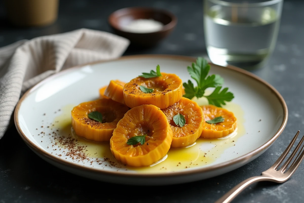 Assiette de courge longue de Nice sautée à la poêle avec huile d'olive et persil plat pour un repas express en semaine