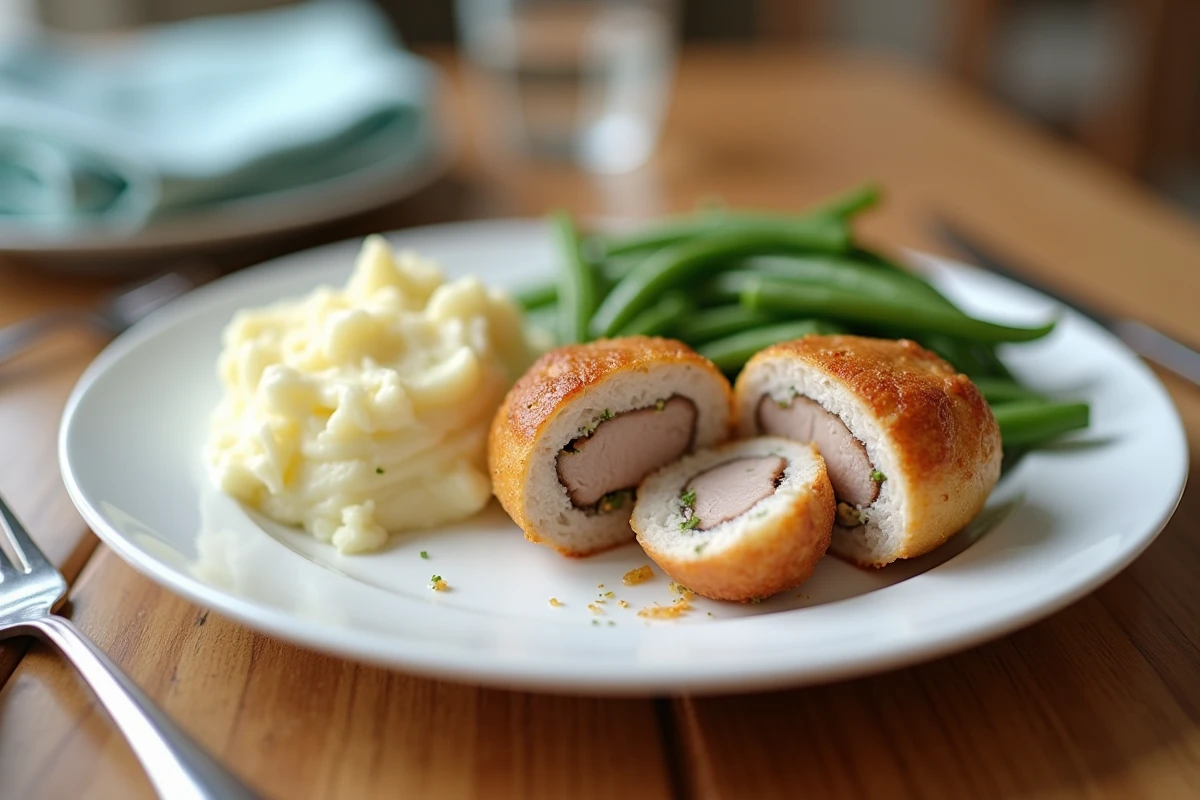 Assiette de crépinettes de porc et dinde dorées servies avec purée et haricots verts, repas équilibré pour enfants