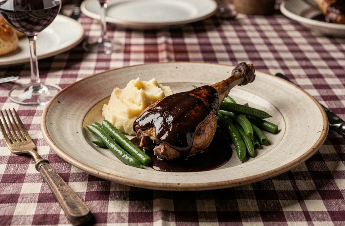 Assiette de cuisse de canard nappée de sauce brune servie avec purée et haricots verts sur nappe à carreaux