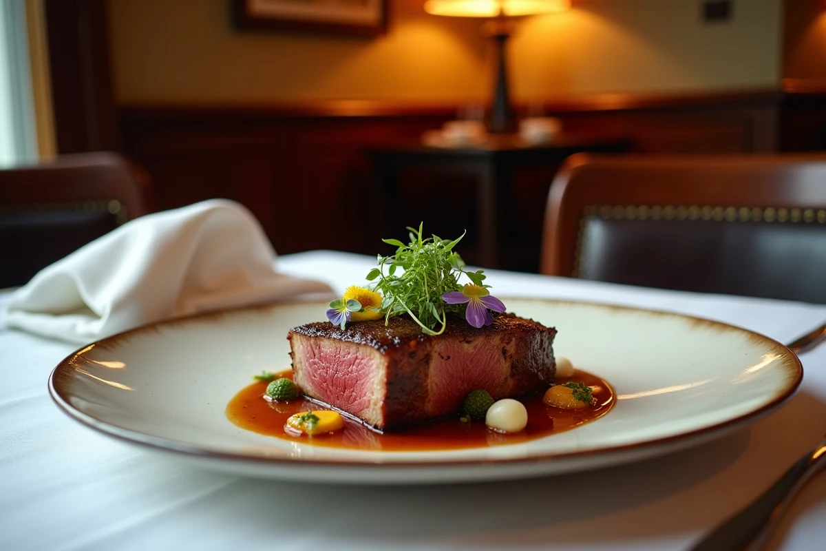 Assiette gastronomique raffinée au restaurant Rivoli avec magret de canard et dressage élégant pour un menu de dîner romantique