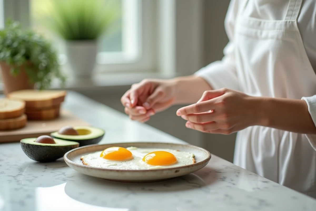 Nutritionniste dressant une assiette d'œufs au plat avec avocat et pain complet pour un repas riche en protéines bien assimilées