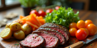 Assortiment de légumes grillés et côte de bœuf tranchée