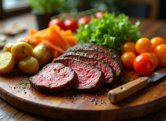 Assortiment de légumes grillés et côte de bœuf tranchée