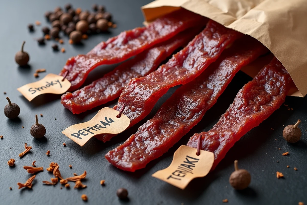 Assortiment de vari&eacute;t&eacute;s de beef jerky avec &eacute;tiquettes artisanales sur surface ardoise grise