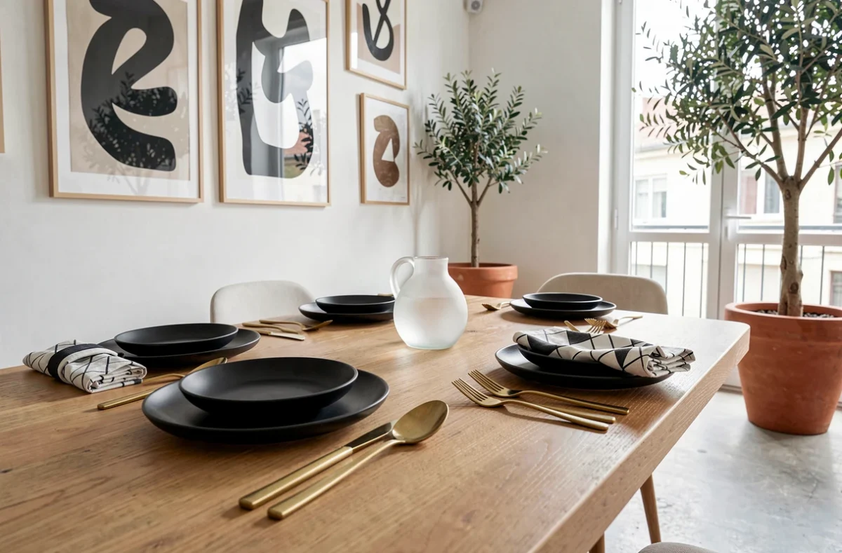 Salle contemporaine de L'Aube des Sens près de Troyes avec table en céramique noire et art abstrait au mur