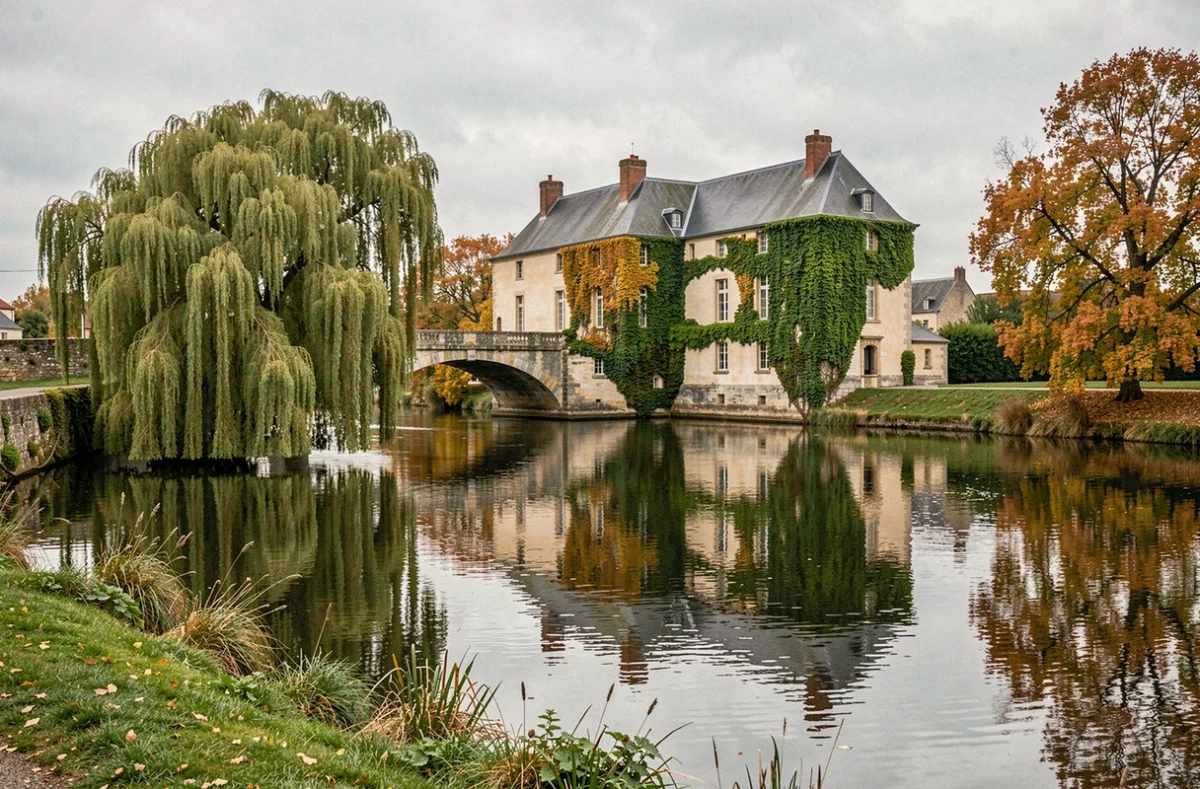 Moulin en pierre de l'Auberge du Pont d'Acigné près d'Amiens reflété dans la rivière avec végétation verdoyante