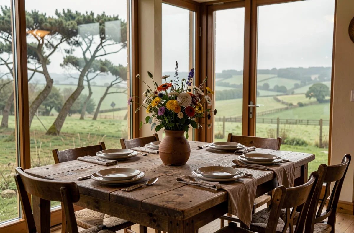 Table dressée à l'Auberge du Vert Mont à Boeschepe avec vue panoramique sur les collines flamandes brumeuses