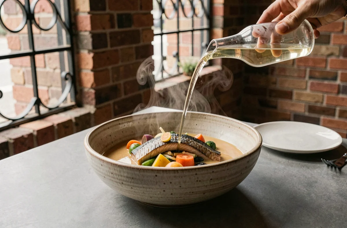 Plat étoilé du restaurant Bacôve à Saint-Omer mettant en valeur l'anguille fumée des marais de l'Audomarois dans un consommé