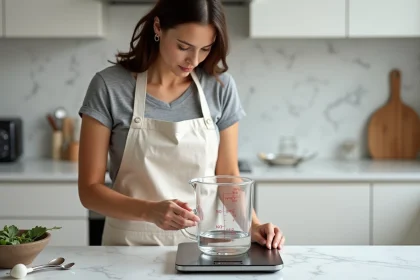 Femme utilisant une balance de cuisine numérique avec un pichet gradué pour convertir les litres en kilogrammes en cuisine