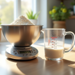 Balance de cuisine moderne avec bol de farine ensoleillée