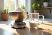 Balance de cuisine moderne avec bol de farine ensoleillée