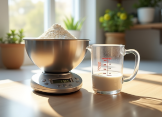 Balance de cuisine moderne avec bol de farine ensoleillée