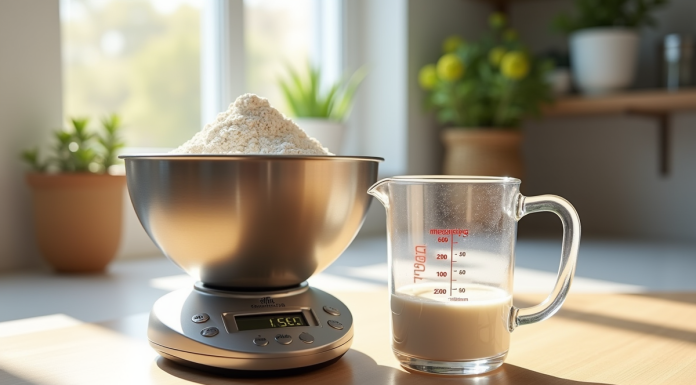 Balance de cuisine moderne avec bol de farine ensoleillée