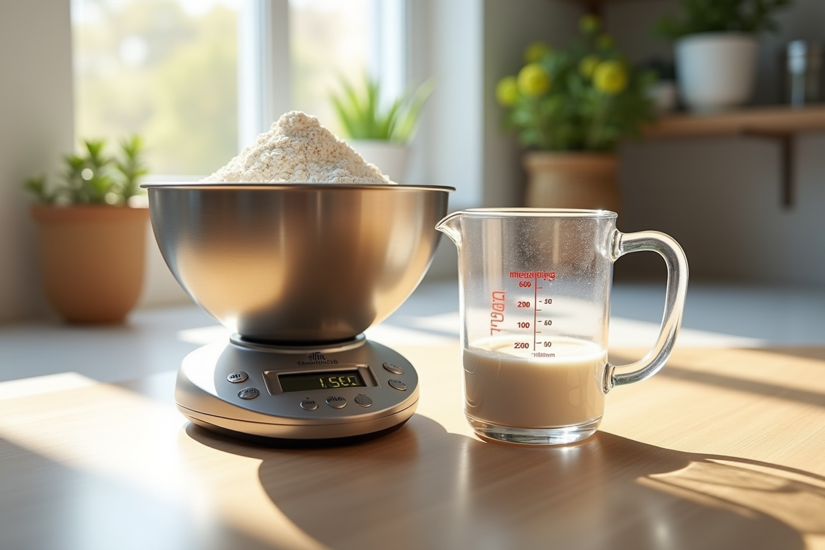 Balance de cuisine moderne avec bol de farine ensoleillée