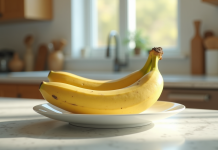 Banane jaune mûre sur une assiette en cuisine naturelle