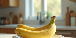 Banane jaune mûre sur une assiette en cuisine naturelle