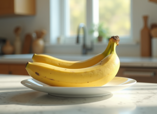 Banane jaune mûre sur une assiette en cuisine naturelle