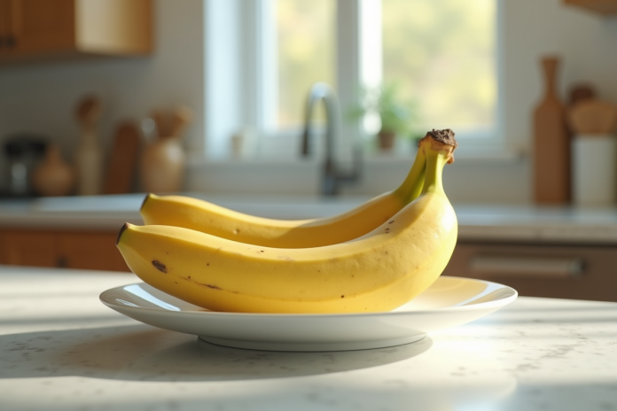 banane-jaune-plateau-cuisine Banane jaune mûre sur une assiette en cuisine naturelle
