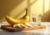 Banane mûre tranchée sur une planche en bois dans une cuisine lumineuse
