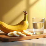 Banane mûre tranchée sur une planche en bois dans une cuisine lumineuse