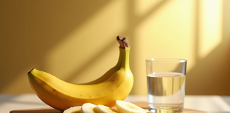 Banane mûre tranchée sur une planche en bois dans une cuisine lumineuse