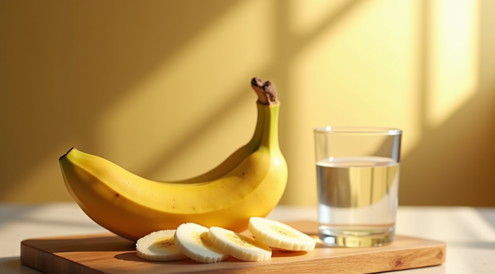 Banane mûre tranchée sur une planche en bois dans une cuisine lumineuse