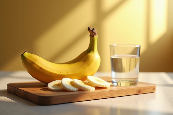 banane-mie-matin-table-cuisine Banane mûre tranchée sur une planche en bois dans une cuisine lumineuse