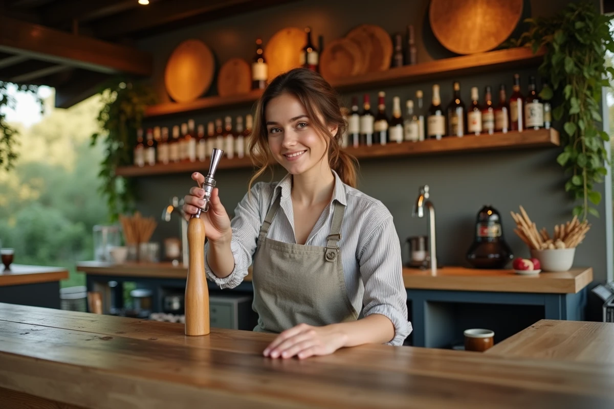 Barmaid versant une bière artisanale au comptoir en bois de la Guinguette de la Ferme à Bondues