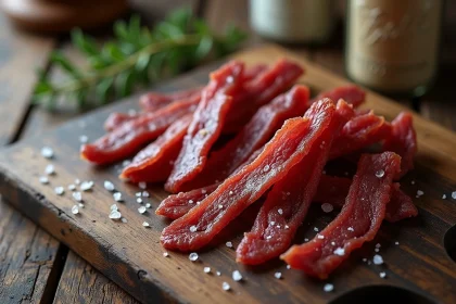 Strips de beef jerky artisanal dispos&eacute;s sur une planche en bois rustique avec sel et thym
