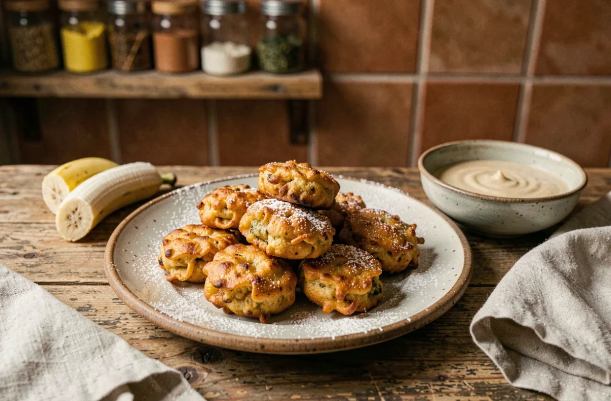 Beignets à la banane maison dorés sur une assiette en céramique rustique avec du sucre glace et une banane mûre coupée sur une table en bois