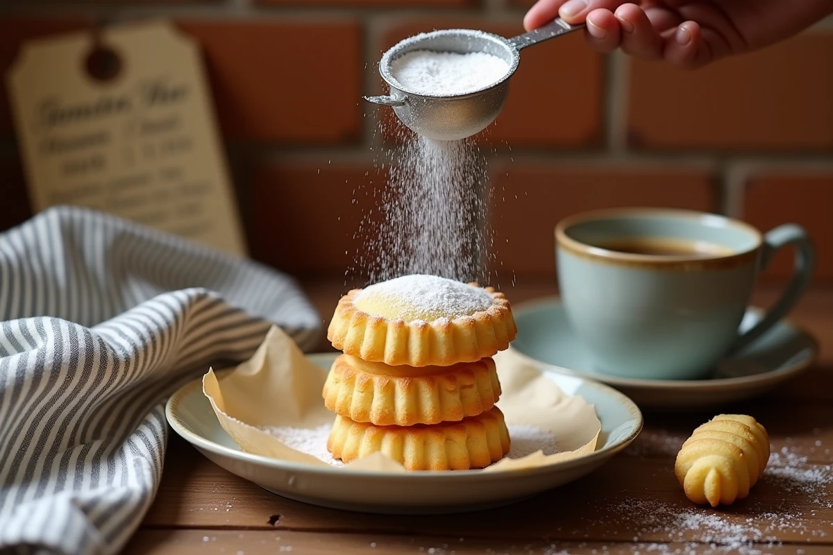 Biscuits cuillère dorés présentés sur une assiette rustique avec du sucre glace tamisé dessus et une tasse d'espresso vintage