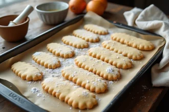 Biscuits cuillère crus alignés sur une plaque recouverte de papier cuisson, saupoudrés de sucre glace, vus de dessus