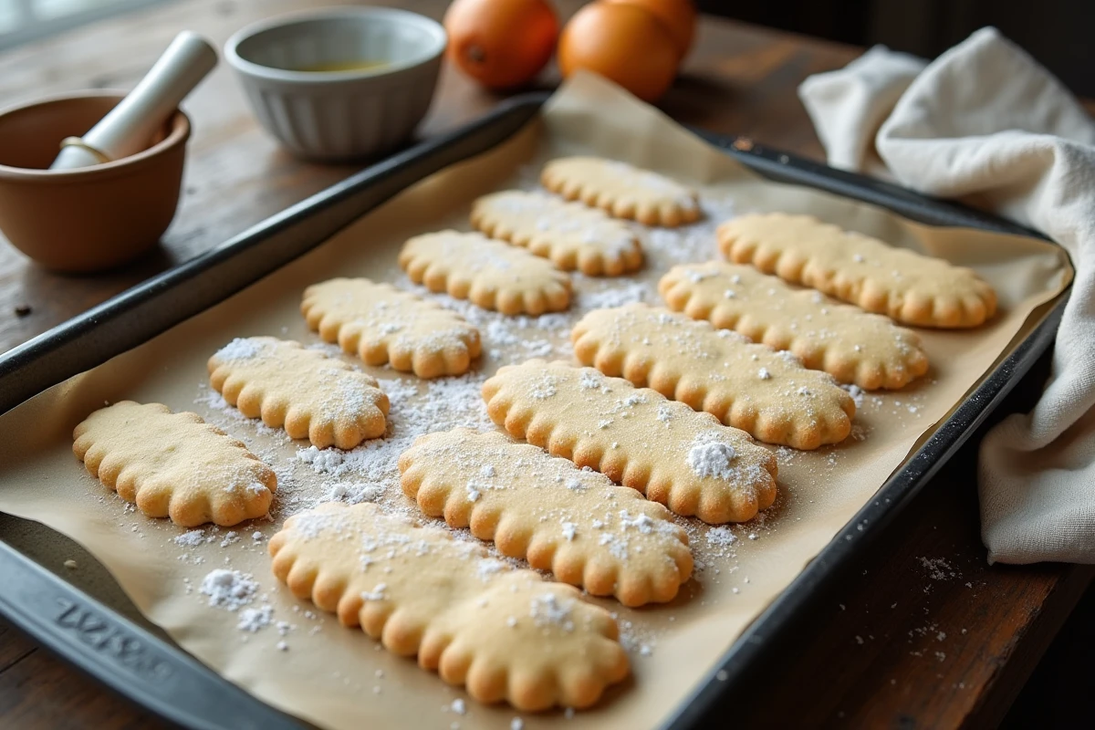 Biscuits cuillère crus alignés sur une plaque recouverte de papier cuisson, saupoudrés de sucre glace, vus de dessus
