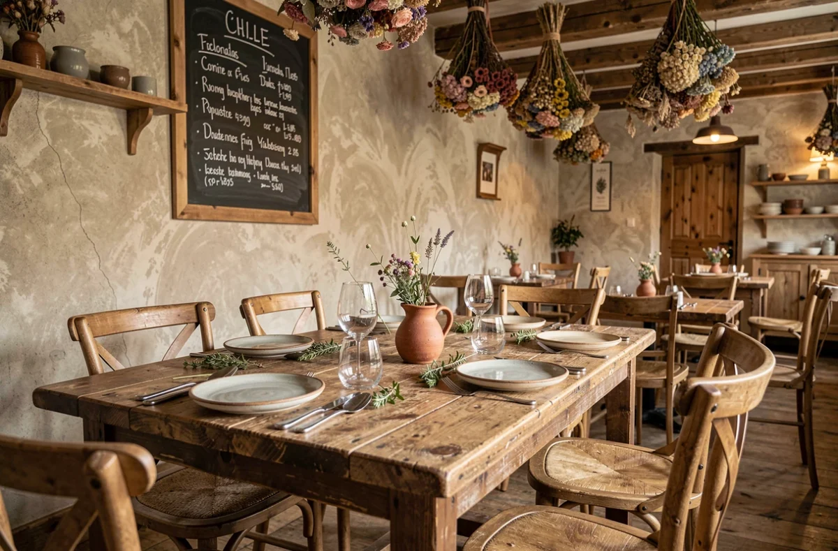 Table rustique et raffinée chez Bloempot à Lille, avec vaisselle artisanale en céramique et décor de bistrot flamand authentique.
