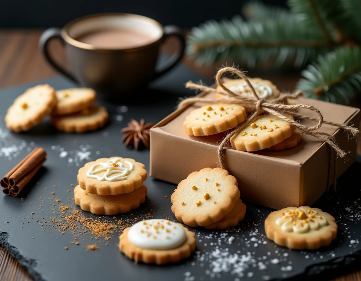 Boîte cadeau kraft remplie de sablés de Noël à l'amande décorés, présentée sur ardoise avec épices et branche de sapin pour les fêtes
