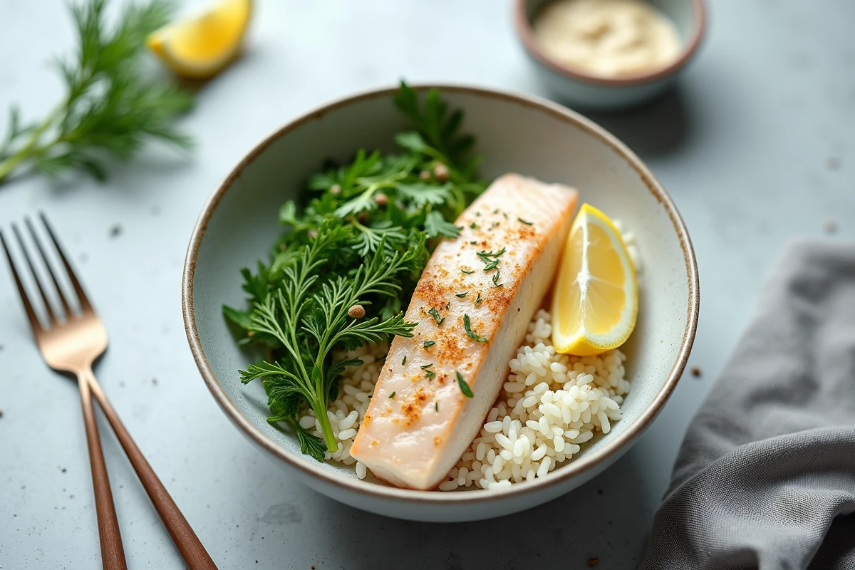 Bol repas sain avec filet de julienne émietté sur riz vapeur, herbes fraîches et citron, idéal pour un déjeuner léger