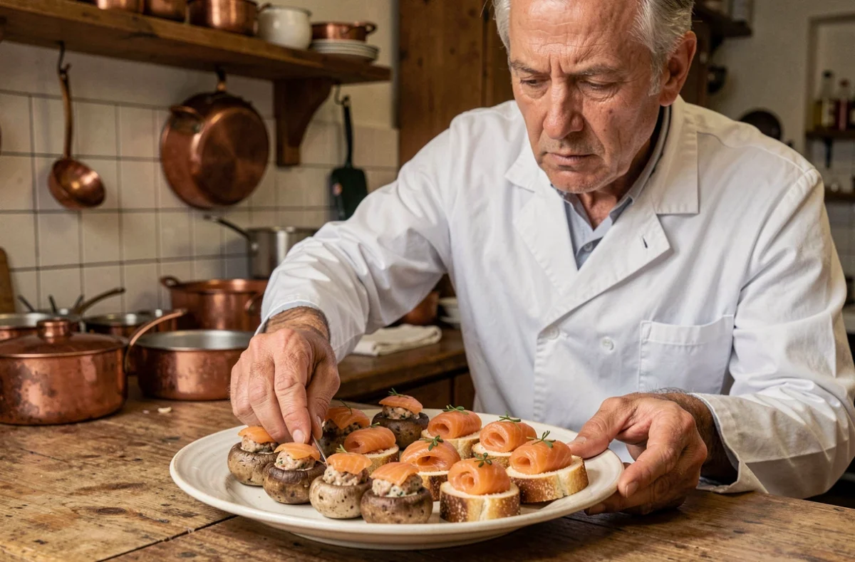 Artisan traiteur de Loire-Atlantique garnissant avec précision un plateau de canapés de saumon fumé et fruits de mer dans une cuisine de production traditionnelle