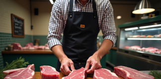 Bœuf USDA Choice : différences avec le bio, explications et choix Boucher en train de préparer des morceaux de boeuf frais