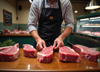 Bœuf USDA Choice : différences avec le bio, explications et choix Boucher en train de préparer des morceaux de boeuf frais