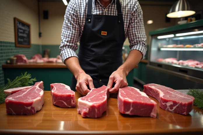 boucher-charcutier-boeuf-frais Boucher en train de préparer des morceaux de boeuf frais