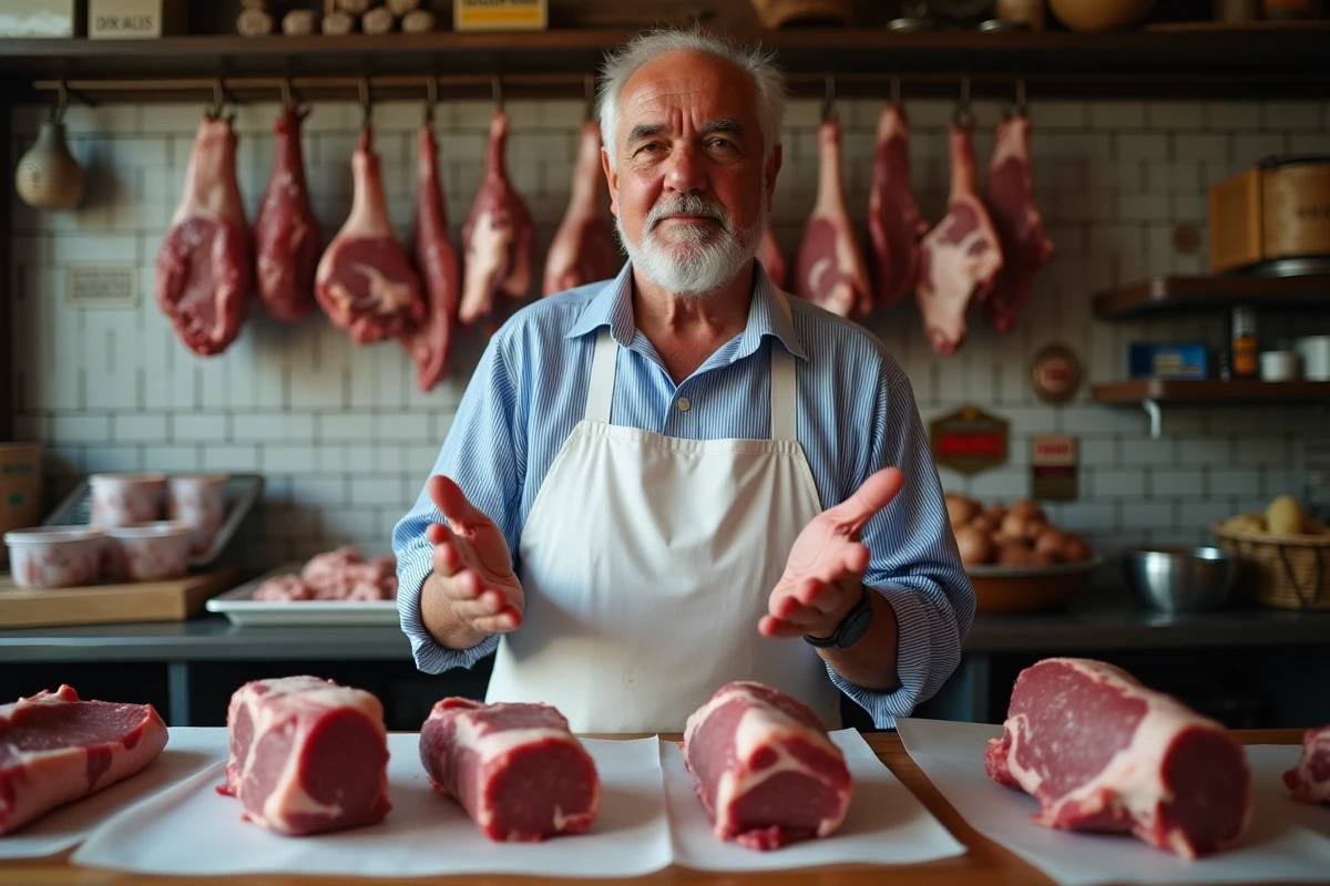Boucher présentant des pièces d'agneau pour ragoût dont l'épaule le collier et le jarret sur un comptoir de boucherie traditionnelle