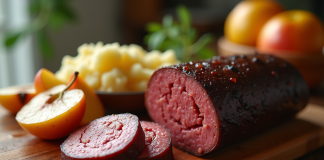 Boudin noir tranché avec pommes sautées sur planche en bois