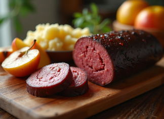 Boudin noir tranché avec pommes sautées sur planche en bois
